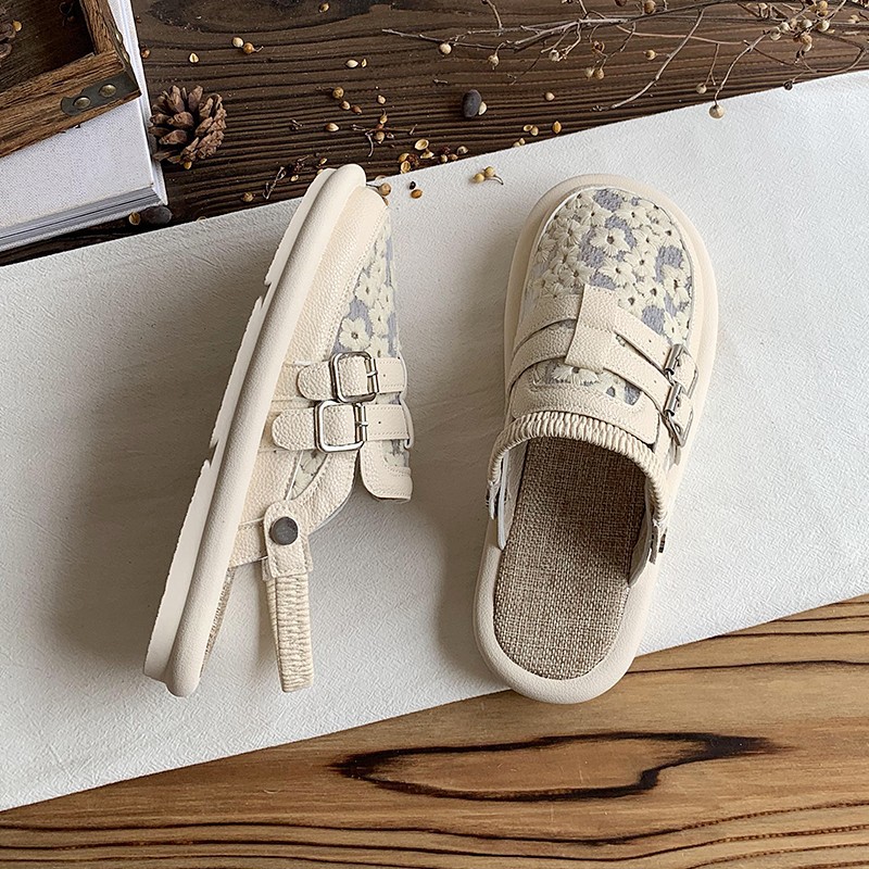 Flat Baotou Half Slippers Sandals Women's 2025 Summer Outerwear Mesh Breathable Cotton and Linen Crocs Slip-On Mesh Shoes