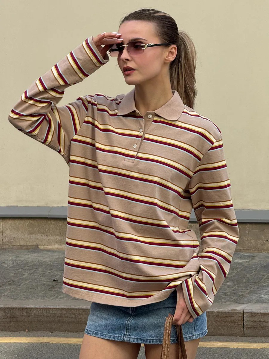 Cross-Border Long-Sleeved Stripesd T-Shirt for Women European and American Spring and Summer New Polo Collar Loose T-Shirt Trendyy Retro Bottoming T-Shirt