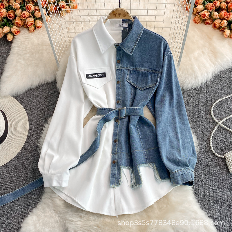 Picture of Cross-Border Denim Splicing Lapel Dress 2022 Spring and Autum New Style Waist Slimming Look Asymmetrical Mid-Length Shirt