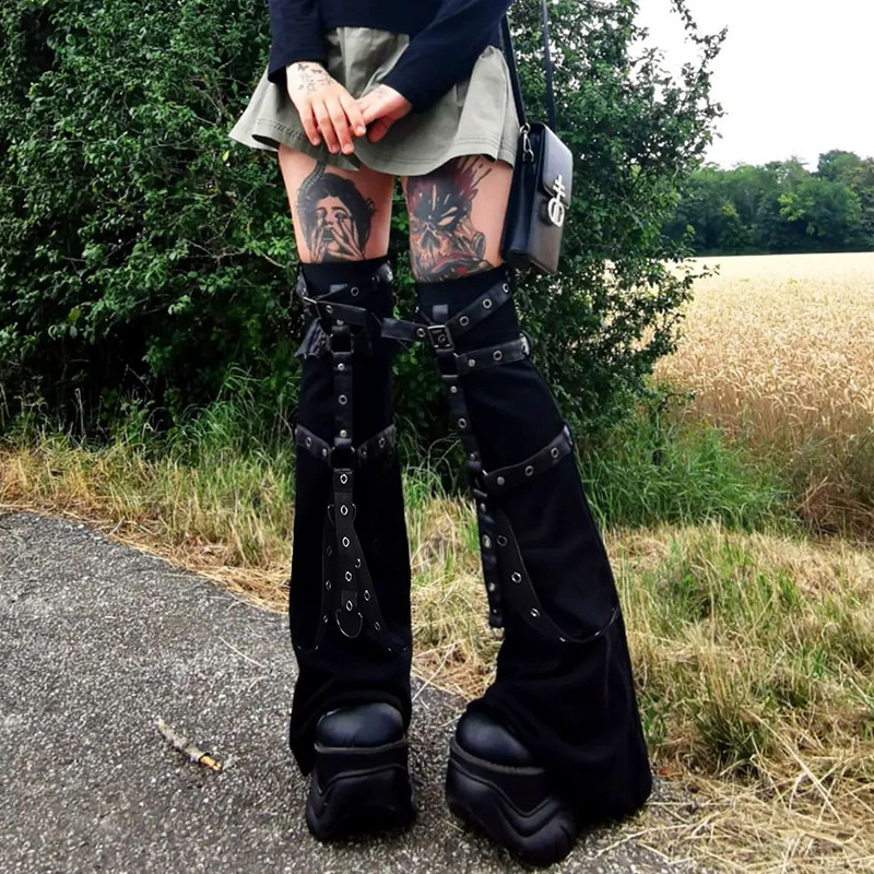 Diablo punk style leather buckle leggings micro horn leg set women's 2025 spring European and American foreign trade hot girl metal buckle socks set