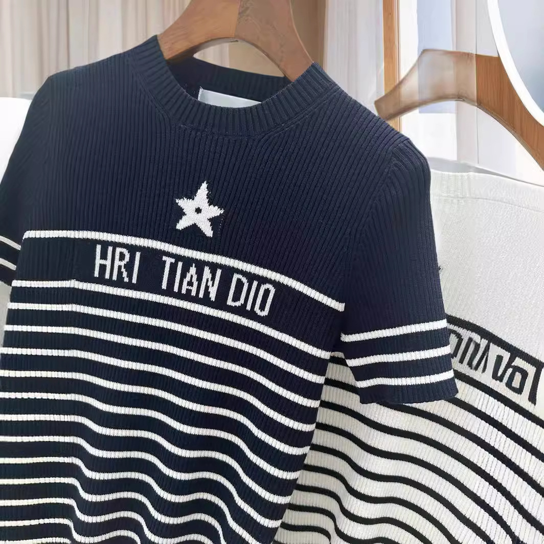 Picture of D home high quality 2024 spring new striped letter short sleeve sweater round neck star slim slim top women