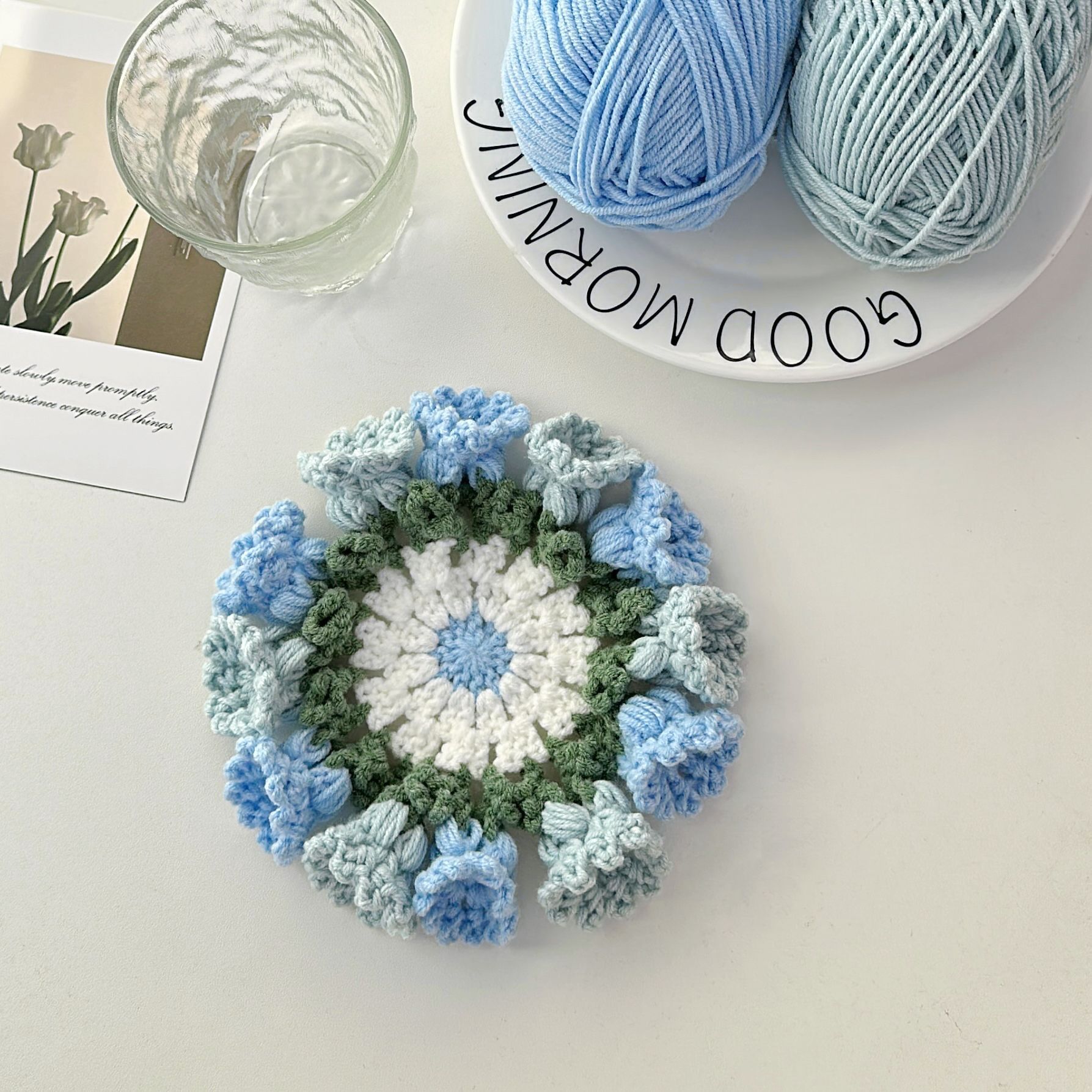 Picture of Beginner Handmade Weaving DIY Materials Kit, Yarn, Crochet, Lily of the Valley Gradient Coaster Gift for Girlfriend