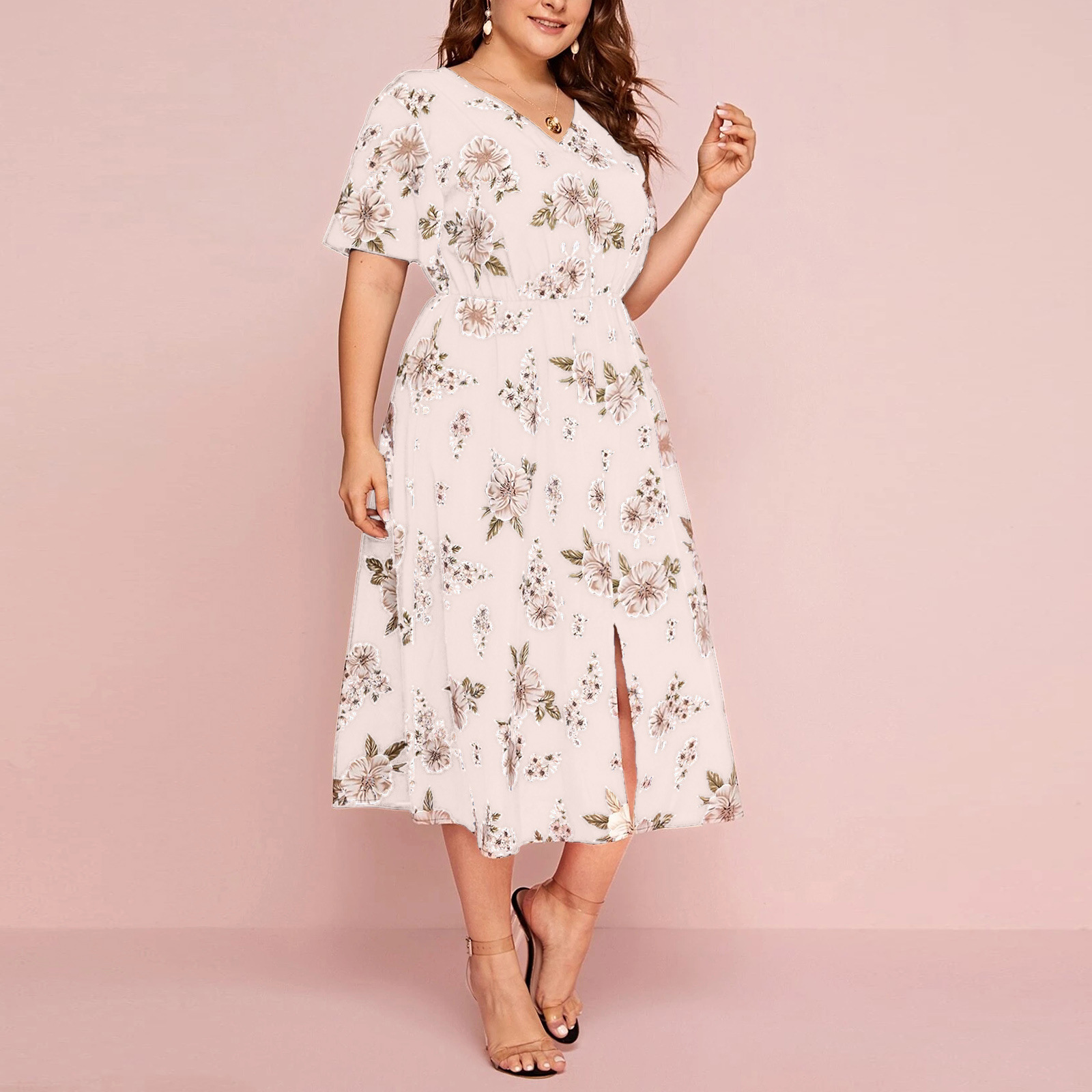 Picture of plus size Women's Floral Print V-neck Short-sleeved dress European and American-style Loose-fit Mid-length Chiffon Skirt