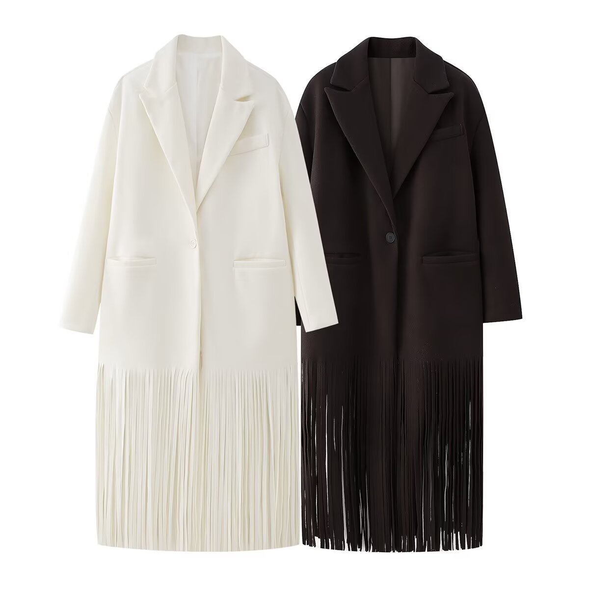 Fashion tassel lapel long tassel suit collar woolen coat 2025 spring new European and American cross-border women