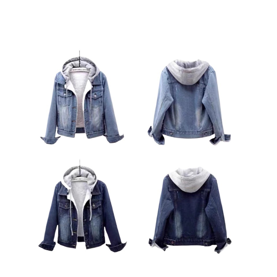 Picture of Denim Cotton Jacket for Women, Fleece-Lined and Thickened, Korean Style Hooded Short Warm Jacket for Autumn and Winter 2025, Slimming