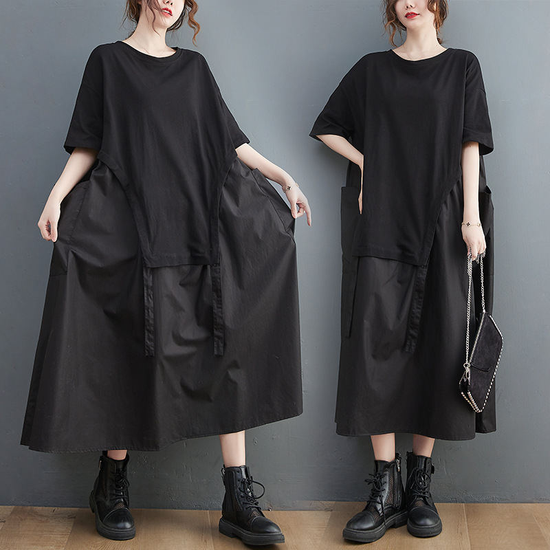 Real shot 2025 summer plus size loose round neck T-shirt stitching drawstring large pocket long dress
