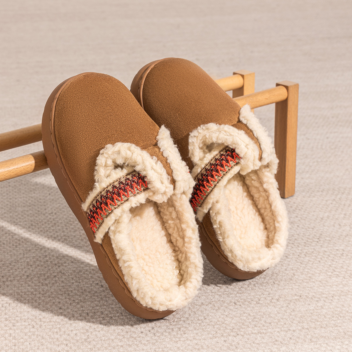 Ribbon Birkenstock Cotton Slippers for Women Winter 2025 New Indoor Home Warm Plush Slippers for Home Autumn and Winter