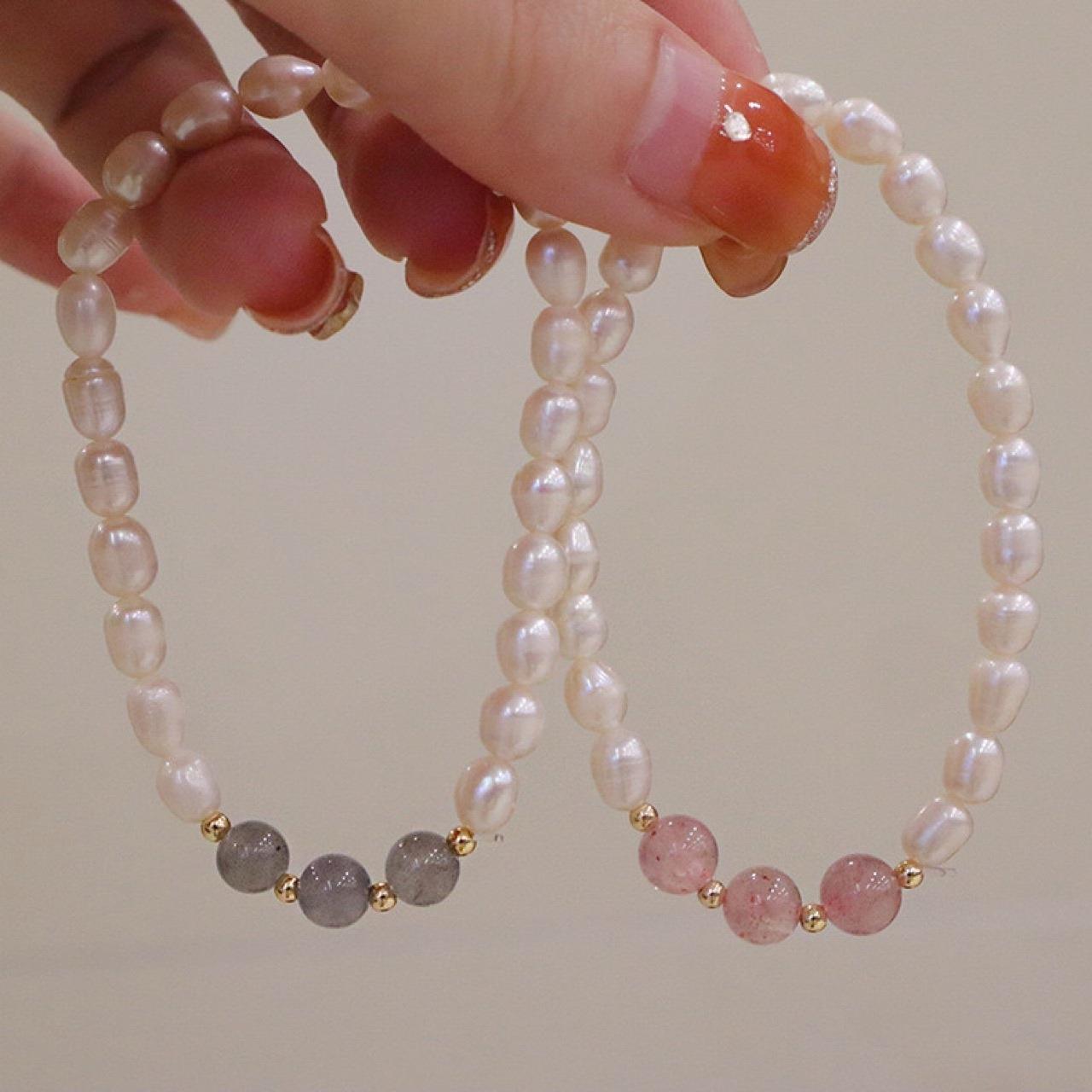 Picture of Natural Freshwater Pearl Simple Fashion Small Rice Beads Pearl Bracelet Temperament All-match Strawberry Crystal Blue Moonlight Bracelet for Women
