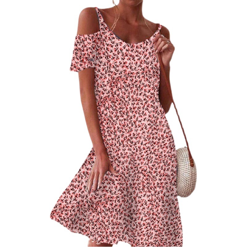 Women's Amazon Independent Site Small Floral Print Loose Off-Shoulder Short-Sleeve Dress Short Skirt Fresh and Sweet Style
