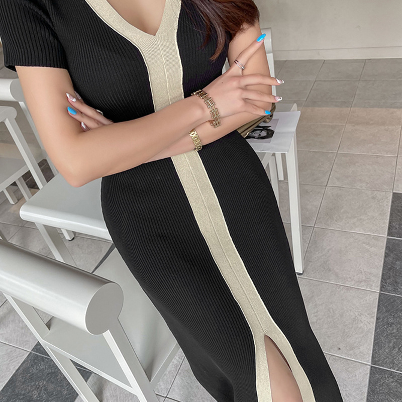 Picture of 2025 Summer Japanese Korean Women's V-neck Short Sleeve Stitching Contrast Color Sweater Dress Front Split Knitted dress 6187
