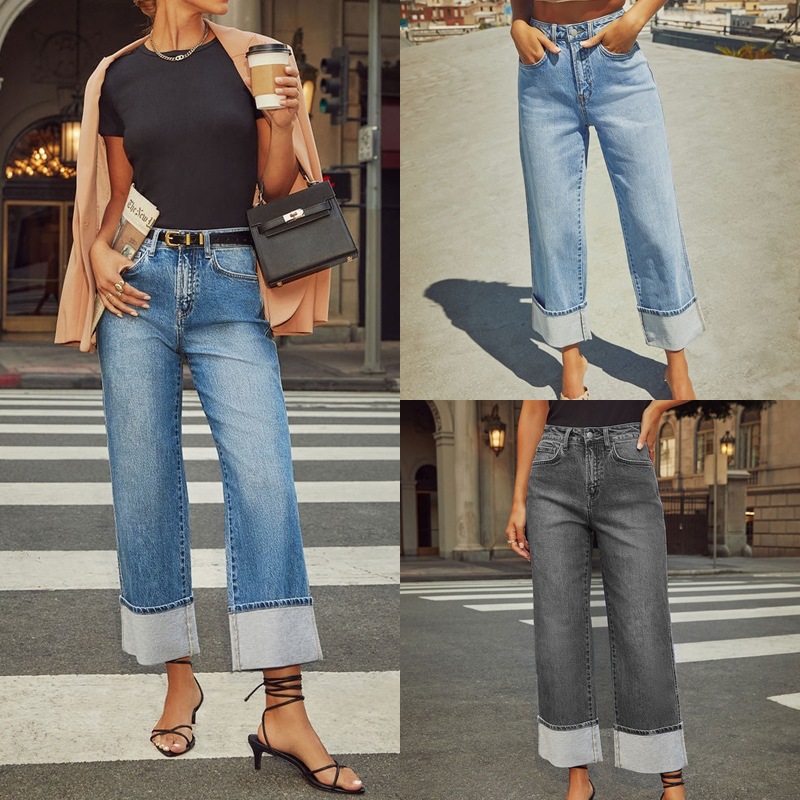 Amazon Cross-border Explosions 2025 New Stretch Straight Jeans Women's Quality Retro Curled High Waist Trousers