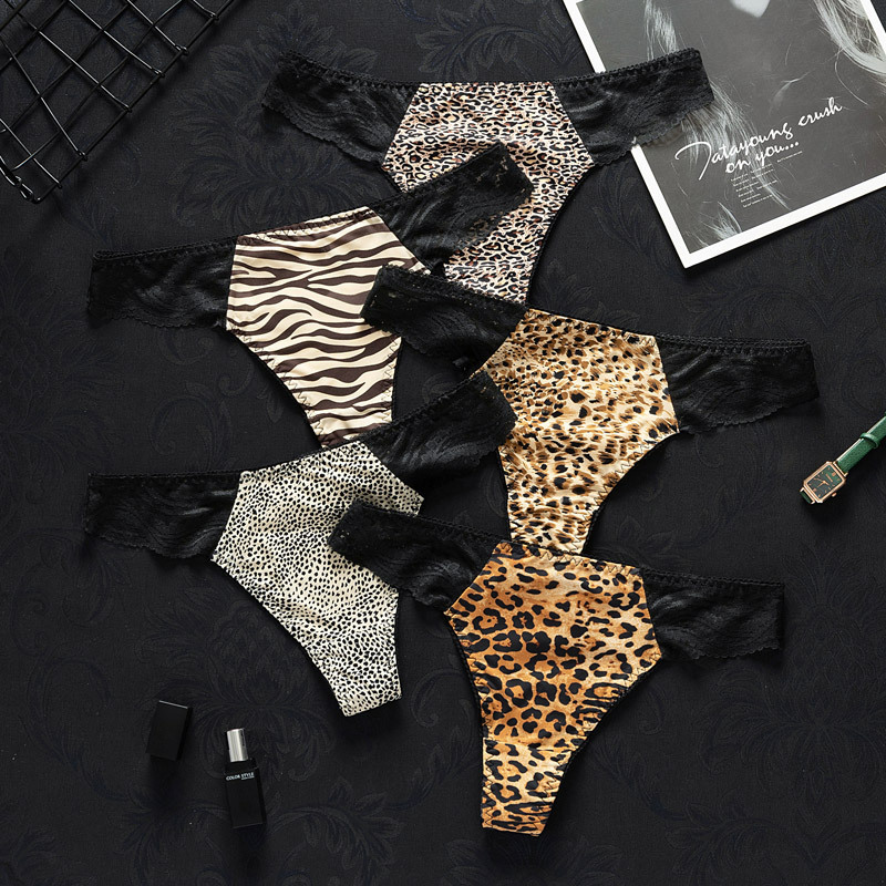 Ice Silk Seamless Leopard Print Sexy T-Pants Lace Transparent Temptation High Elastic Low Waist Cotton Crotch Women's T-Shaped Underwear