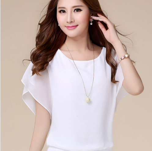 Picture of Foreign Trade Summer New Korean Style Slim-fit Mid-length Short-sleeved Chiffon Top Large Size Loose Base Shirt Women's Small Shirt