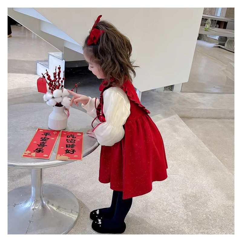 Picture of Female. Children's fleece-lined buckle dress 2024 autumn and winter new 1 childhood dress skirt female baby Korean princess skirt