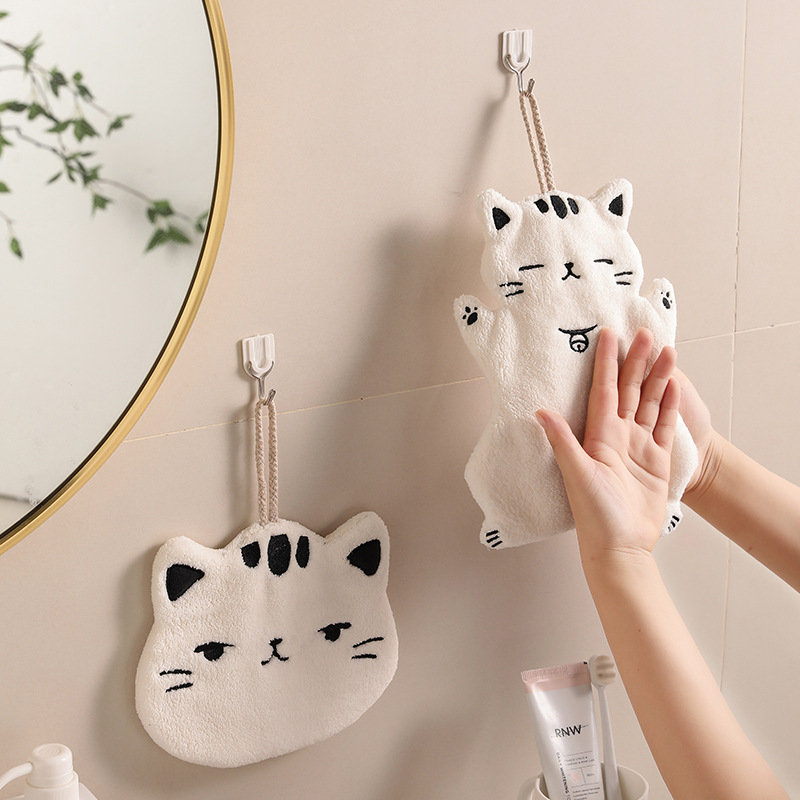 Absorbent cute cat hand towel Bathroom Kitchen hanging towel lint-free coral velvet hand towel