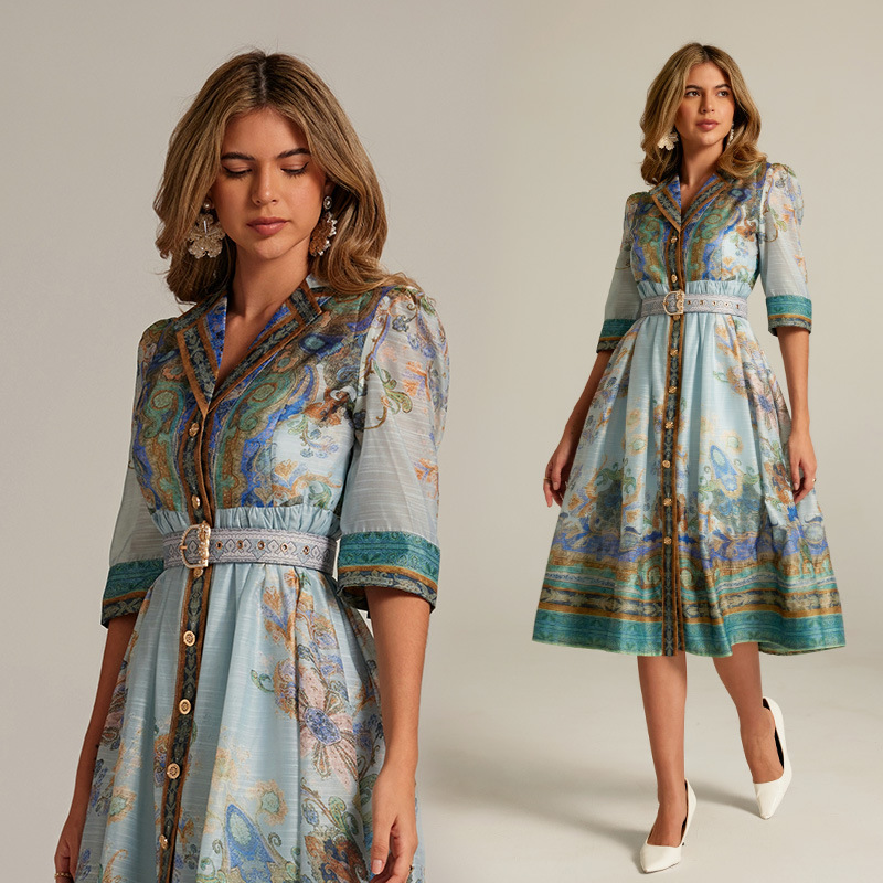 2025 cross-border foreign trade independent station real shot French suit collar printed single-breasted long dress with belt for women