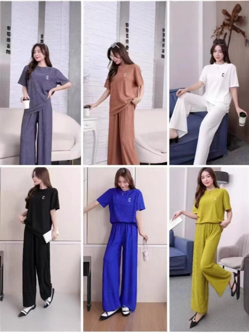 Qianye Pajamas Set Women's Autumn Chiba Pleated Home Clothes C Letter Embroidered Short Sleeve Long Pants Two-Piece Plaid Set