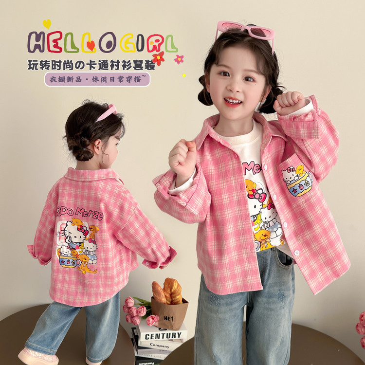 Girls' Shirt Long-sleeved Spring and Autumn 2025 New Cat Plaid Shirt Two-piece Casual Cartoon Shirt Two-piece Set
