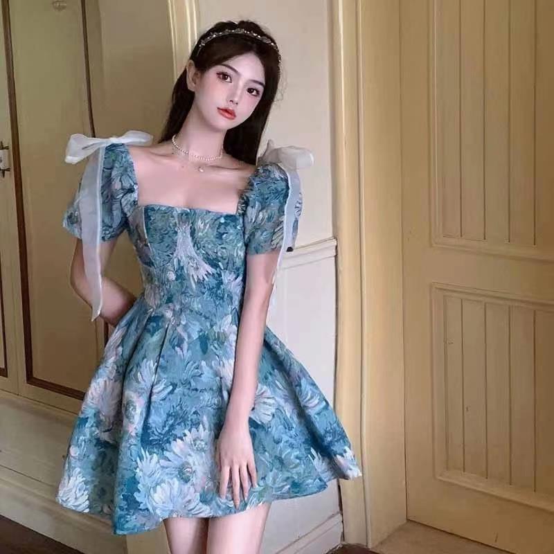 2023 Summer New Monet Garden Light Luxury Palace Oil Painting Elegant Tight Waist Puff Sleeve Shaggy Dress