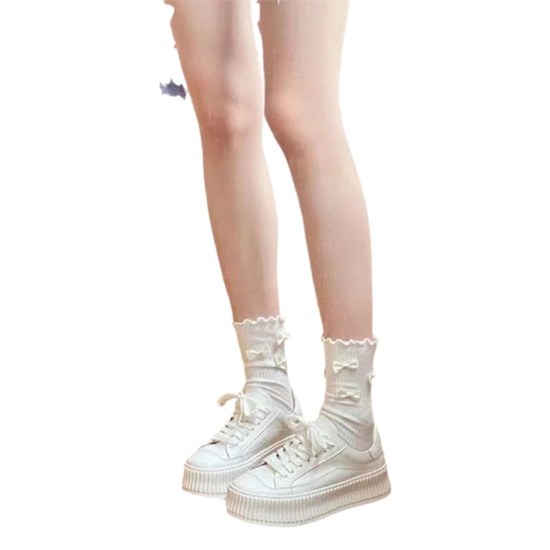 Japanese Style Cute Bow Wood Ear Side Socks Women Ins Style Sweet Girl Mid-length Socks Jk Uniform Lace Socks Women