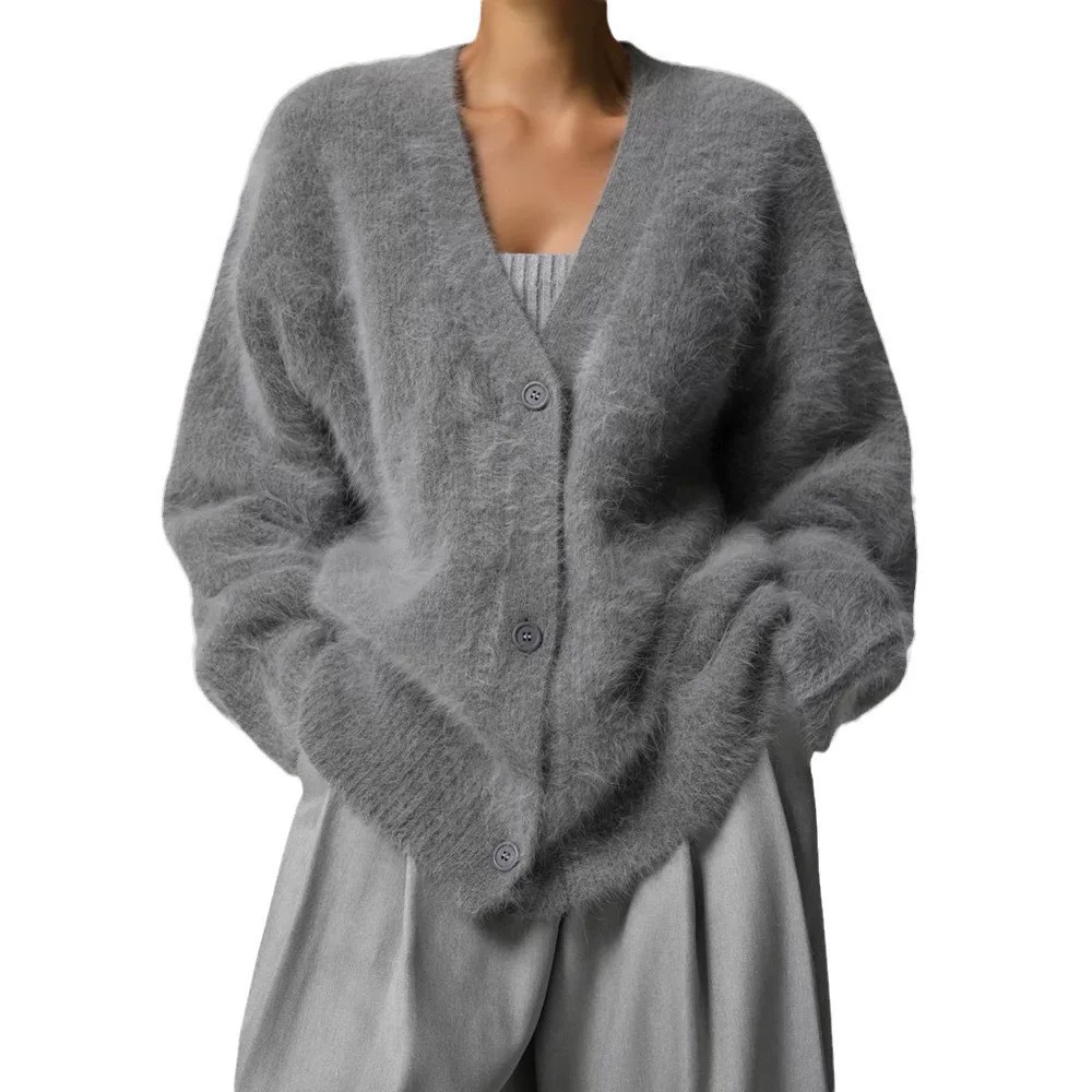 Picture of Autumn and Winter Lazy Loose Long-Sleeved V Neck Imitation Mink Knitted Cardigan Sweater Jacket for Women