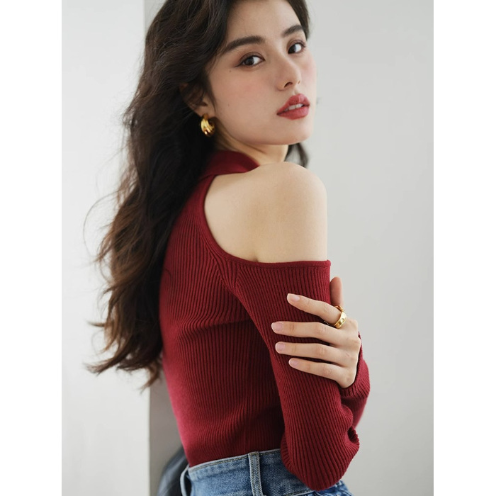 Picture of Polo Collar Knitted Cardigan Red Base Shirt Women's Autumn and Winter Western-style Fur Inner Sweater Hanging Neck Shoulder Top