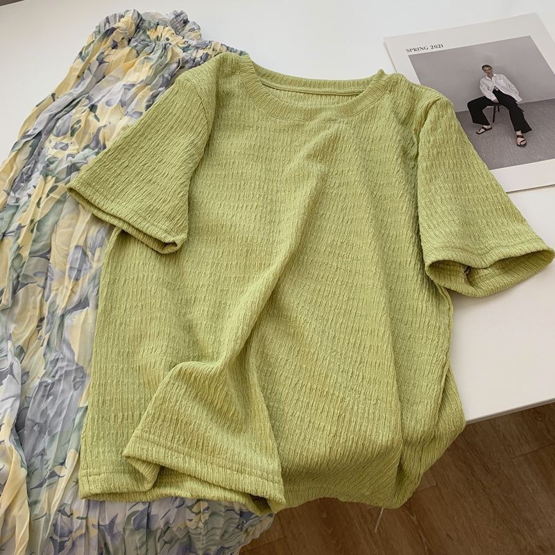 Ins Super Fire Texture Short-sleeved T-shirt Women's Summer Loose Slimming All-match Sweet and Vassal Style Solid Color Half-sleeved Clothes Trendy