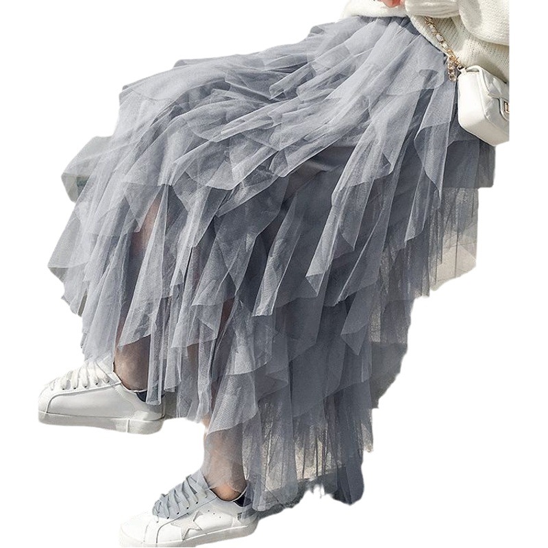 Spring and Summer Korean Style Elastic Waist Fashionable and Versatile Slimming Mesh Splicing Irregular Mid-Length High-Waisted Skirt