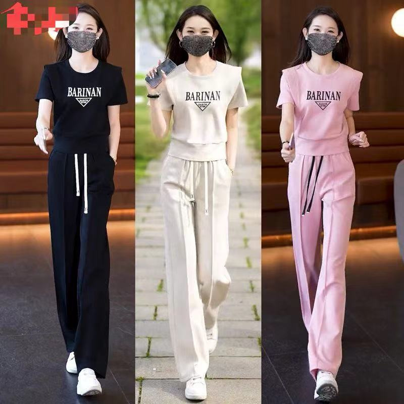 Popular Sportswear Suit for Women Summer 2024 New Fashion Short-Sleeved Trousers Elegant Age-Reducing Casual Two-Piece Set Apricot Color