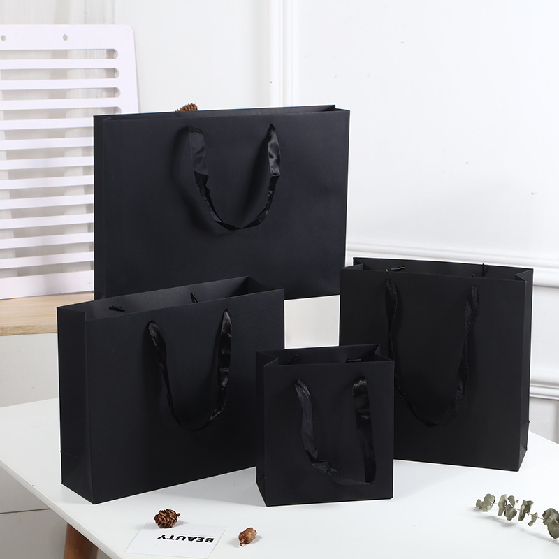 Black Business Gift Handbag Black Card Thickened Large Birthday Gift Packaging Bag Paper Bag Shopping Bag Wholesale