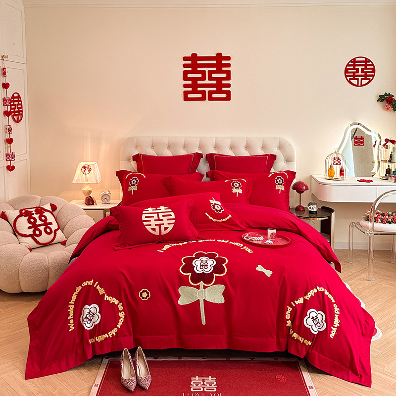 Picture of High-end European-style Wedding Four-piece Cotton Big Red Embroidered Sanding Quilt Cover Wedding Bedding Accompanying Wedding Room
