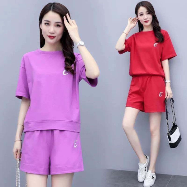 New fashion short-sleeved shorts casual two-piece set suit embroidered Sports women's summer plus size loose women's clothing