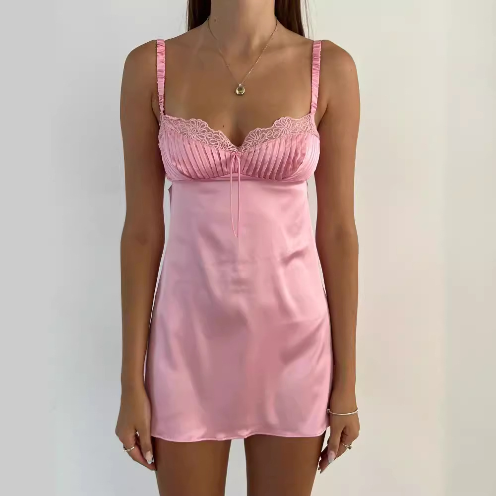 Picture of 2024 Amazon European and American Summer INS Women's Pleated Lace Strap Satin Summer Cool dress