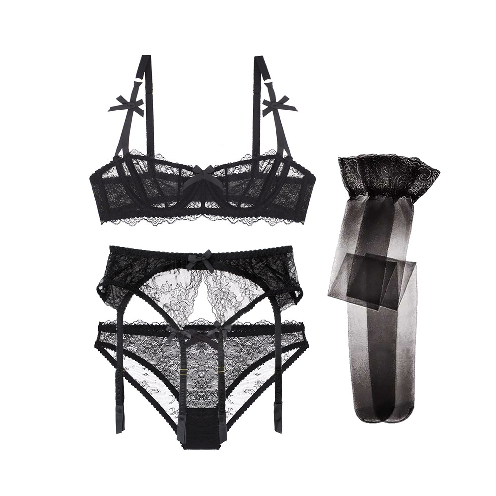 Picture of Independent Station Half Cup Sexy Lace 4-Piece Bra Intimates Women's Bra + Panties + Garter + Stockings Set