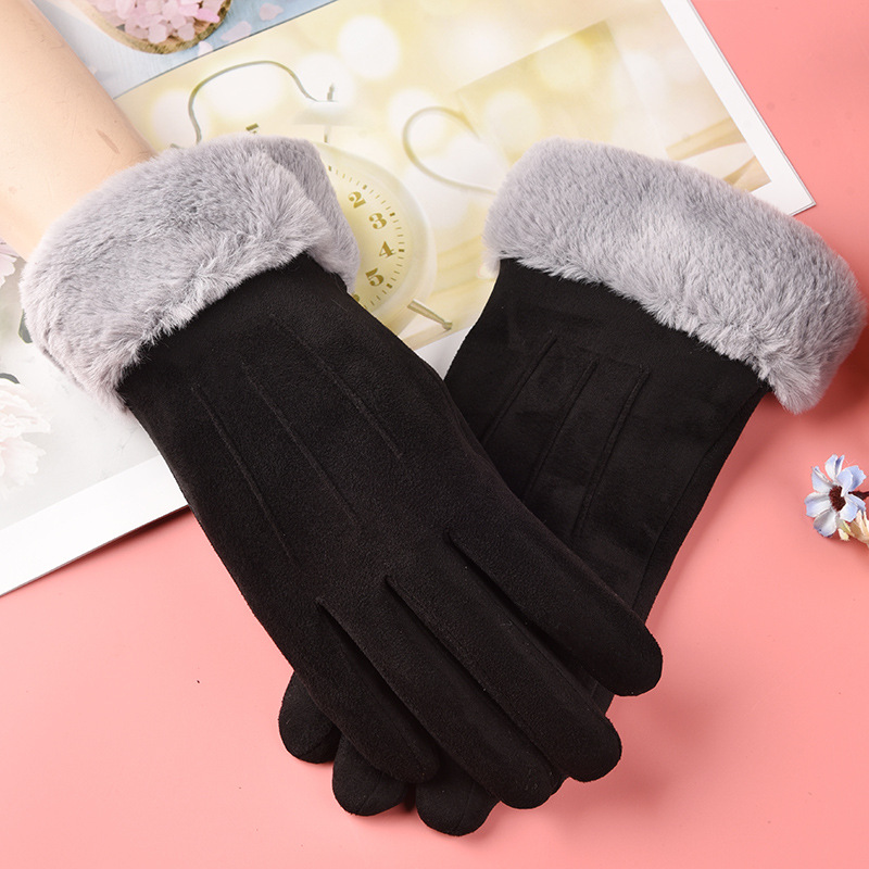 Picture of Autumn and Winter fleece-lined thickened touch screen suede warm gloves cute fashion student outdoor cycling driving stall