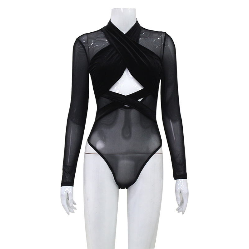 Picture of 2023 European and American women's mesh velvet stitching sexy cross hollow tight high waist temperament long sleeve jumpsuit women