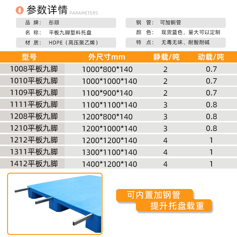 Picture of Blue Flat Nine-Legged Plastic Pallet Logistics Warehouse 1208 Forklift Plastic Pallet Industrial Flat Pallet Pad