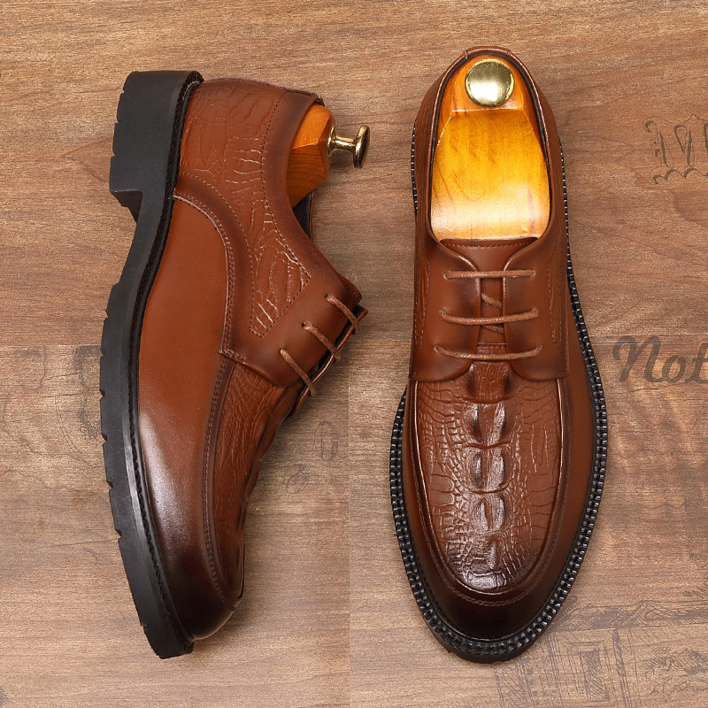 Leather shoes men's low-top business dress crocodile pattern England casual retro lace-up wedding groom shoes a generation of hair