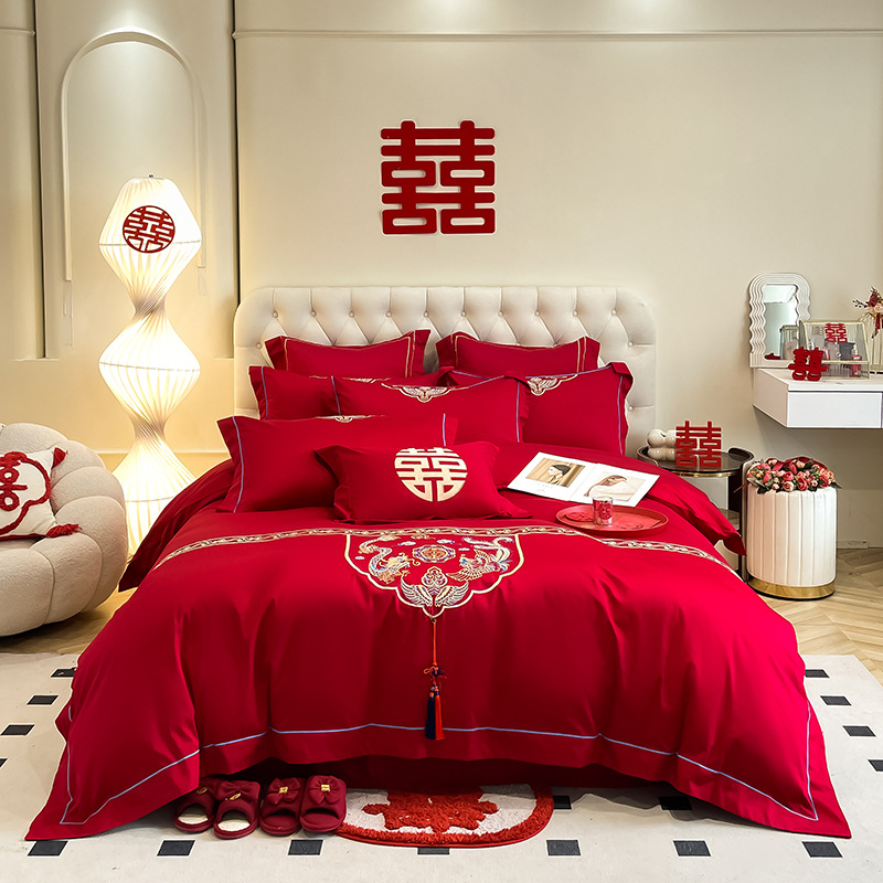 Picture of High-end European-style Wedding Four-piece Cotton Big Red Embroidered Sanding Quilt Cover Wedding Bedding Accompanying Wedding Room