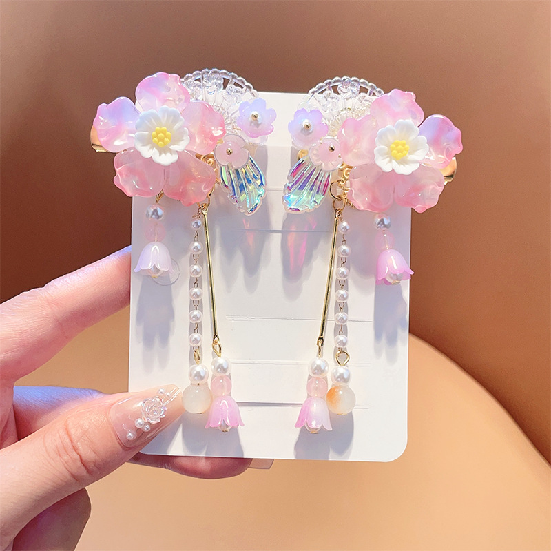 Picture of Hanfu Headwear for Girls and Children Chinese Style Walking Tassel Hairpin for Girls Super Fairy Princess Ancient Dress Flower Hairpin Headwear