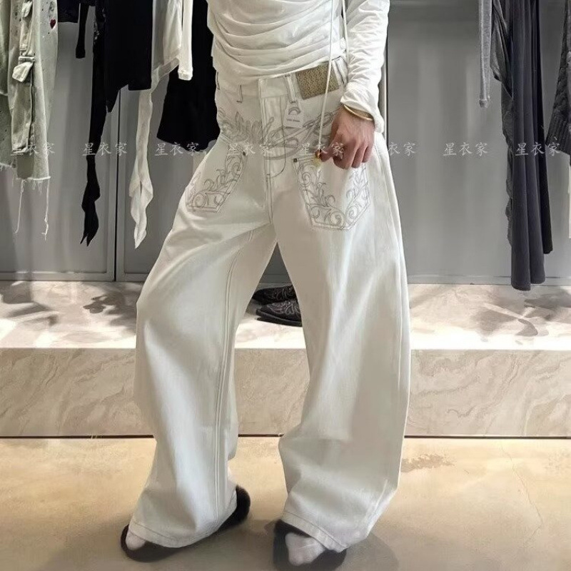 American Retro Embroidered White Scimitar Jeans for Women, New Summer Street Style, Yabi Punk Loose Wide-Leg Pants