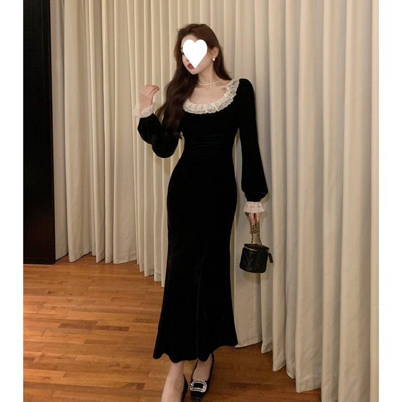French Lace Black Velvet dress Women's Autumn and Winter Hepburn Style Small Black Dress Slim-fit Hip Fishtail Long Dress