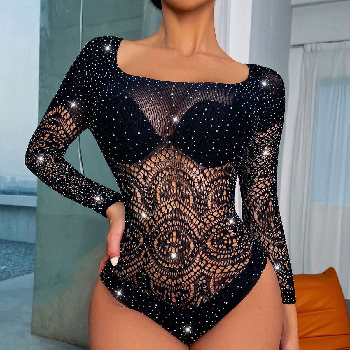 TZ106 Amazon Foreign Trade New Sexy One-piece Hot Drilling Long Sleeve Mesh Hip Dress