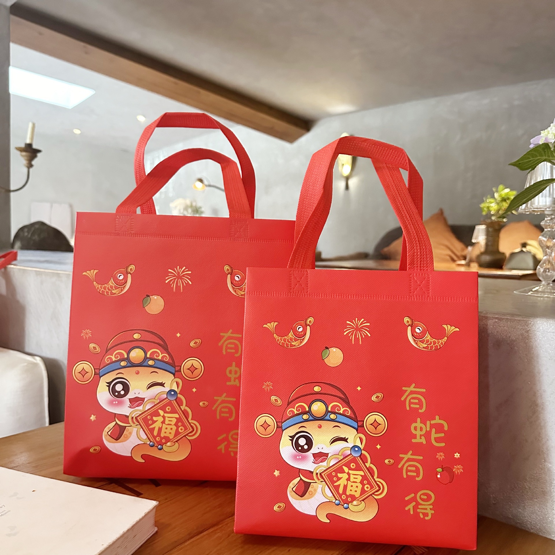 New Year Gift Packaging Bag Non-woven Film-coated Handbag Thickened Take-out Packing Bag Festive Alcohol and Tobacco Gift Box Bag