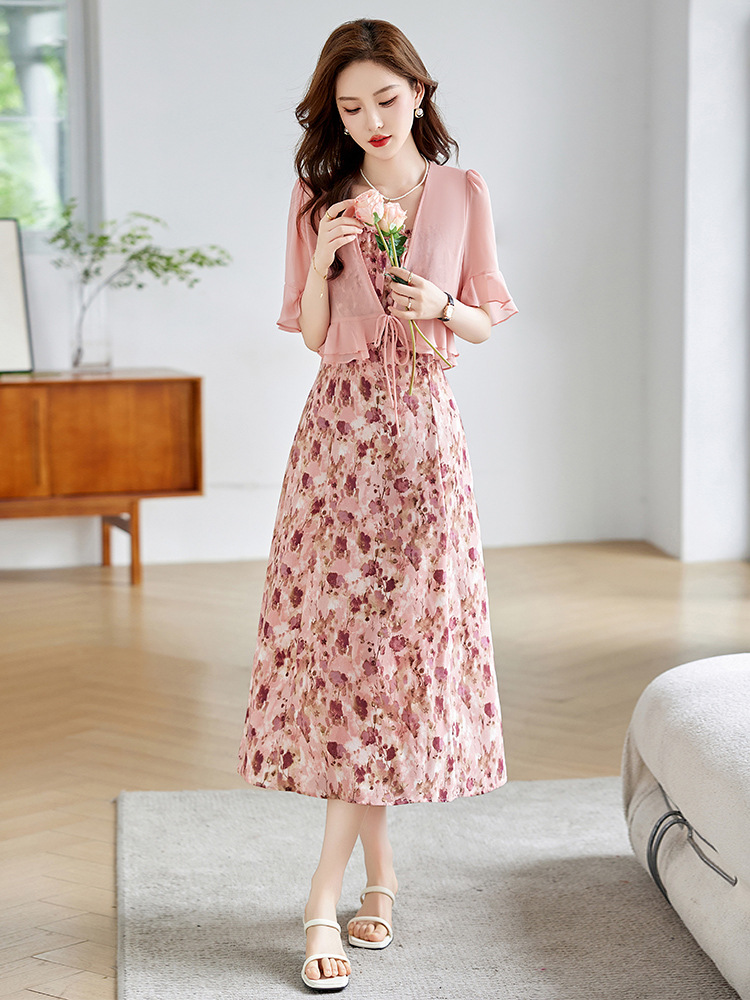 2024 Summer New Floral Sling Dress Outer Shirt Two-Piece Elegant Fashion dress Z5278