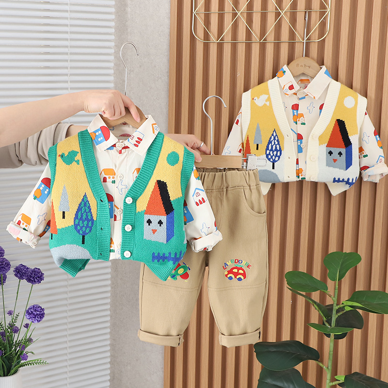 Korean style new western style baby spring clothes baby tree house vest long sleeve three-piece suit trendy boys' Spring Suit