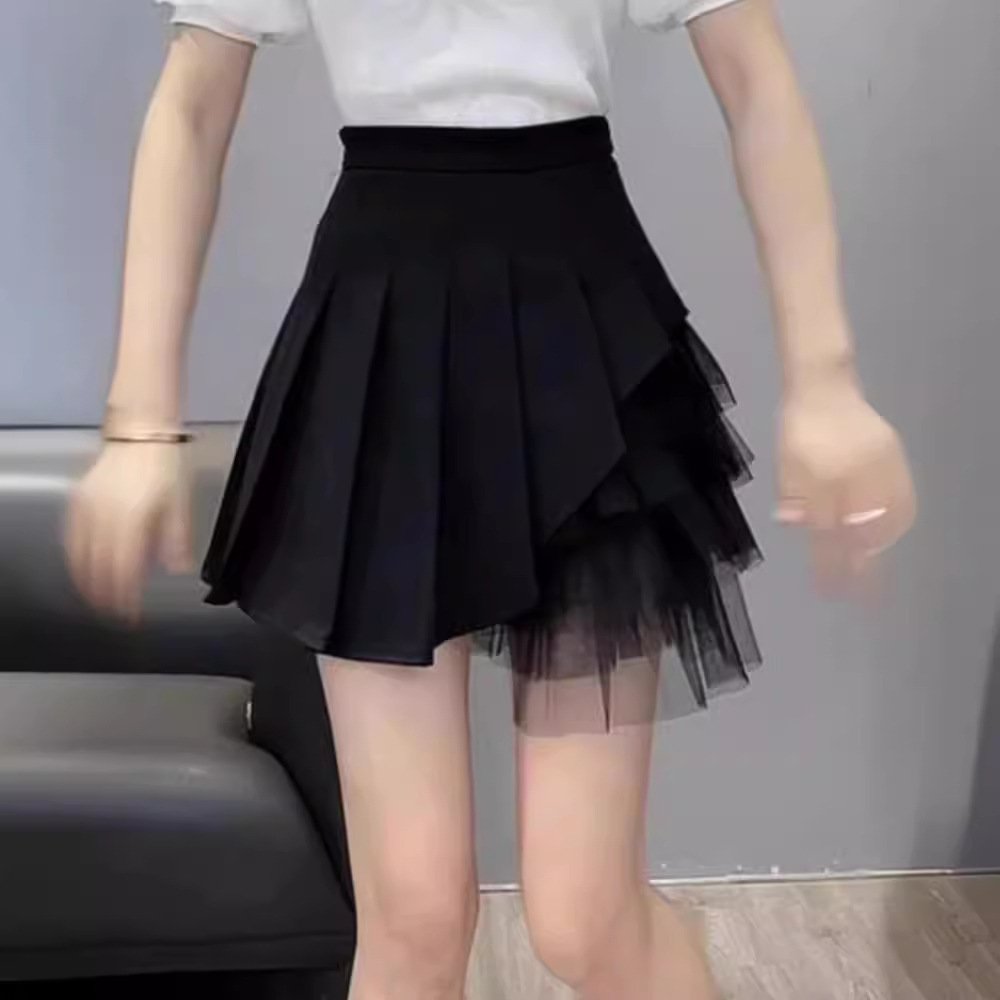 Summer Mesh Stitching Girl Chiffon Women's Design Sense Niche Black High Waist Slimming Pleated Skirt A- Line Skirt