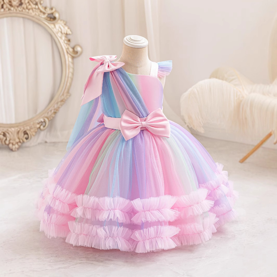 Cross-Border Princess Dress for Girls, Little Girls, Stylish Rainbow Dress, Children's Fluffy Gauze Flower Girl Dress, Foreign Trade Spot