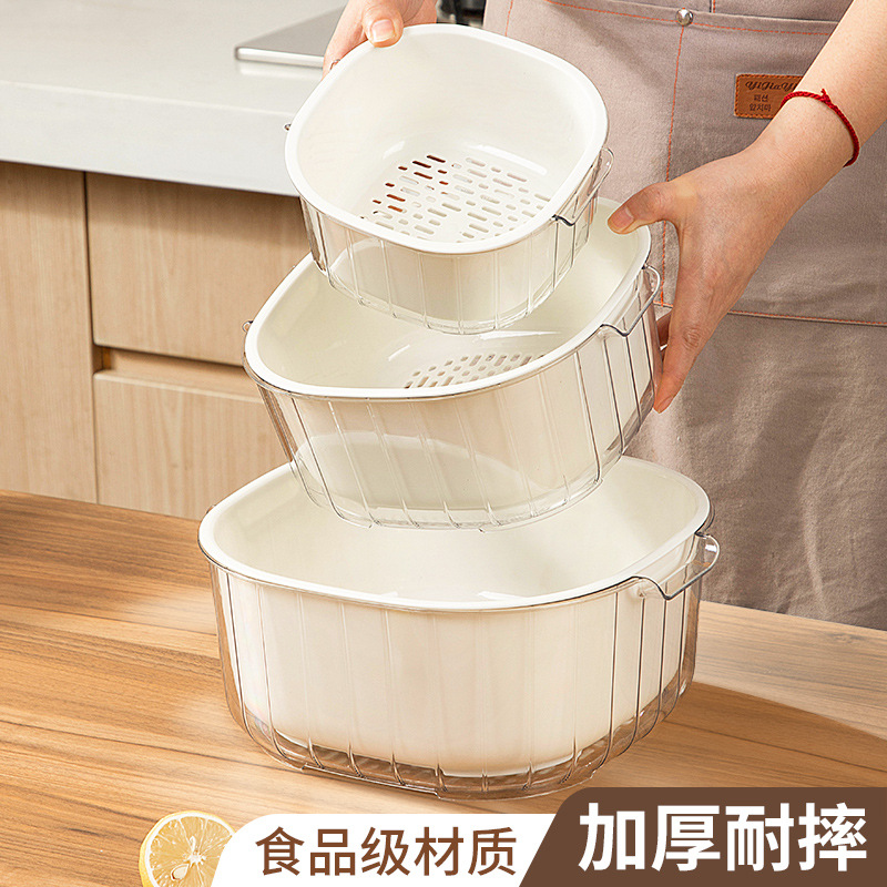 Picture of New double-layer vegetable washing basin drain basket household living room plastic fruit plate kitchen thickened water filter vegetable basket vegetable washing basket