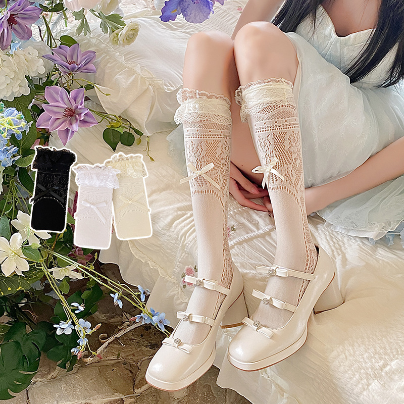 Boots Cotton Ballet Style Lace Calf Socks for Women Spring and Summer Thin Lace Bow Lolita Japanese Style Jk White Pile
